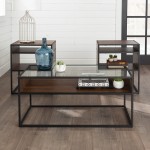 3-Piece Metal and Glass Accent Table Set - Dark Walnut