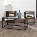 3-Piece Metal and Glass Accent Table Set - Dark Walnut