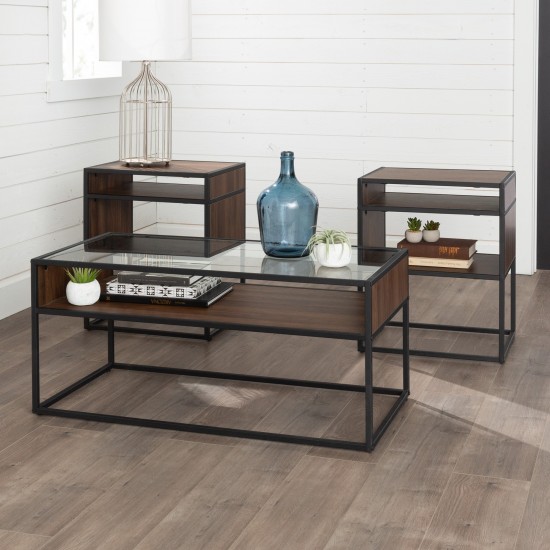 3-Piece Metal and Glass Accent Table Set - Dark Walnut