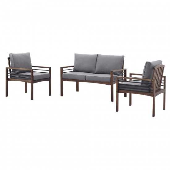 3-Piece Modern Wood and Metal Outdoor Patio Conversation Set - Grey/Dark Brown