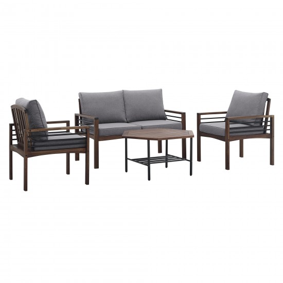 4-Piece Modern Wood and Metal Outdoor Patio Conversation Set - Grey/Dark Brown