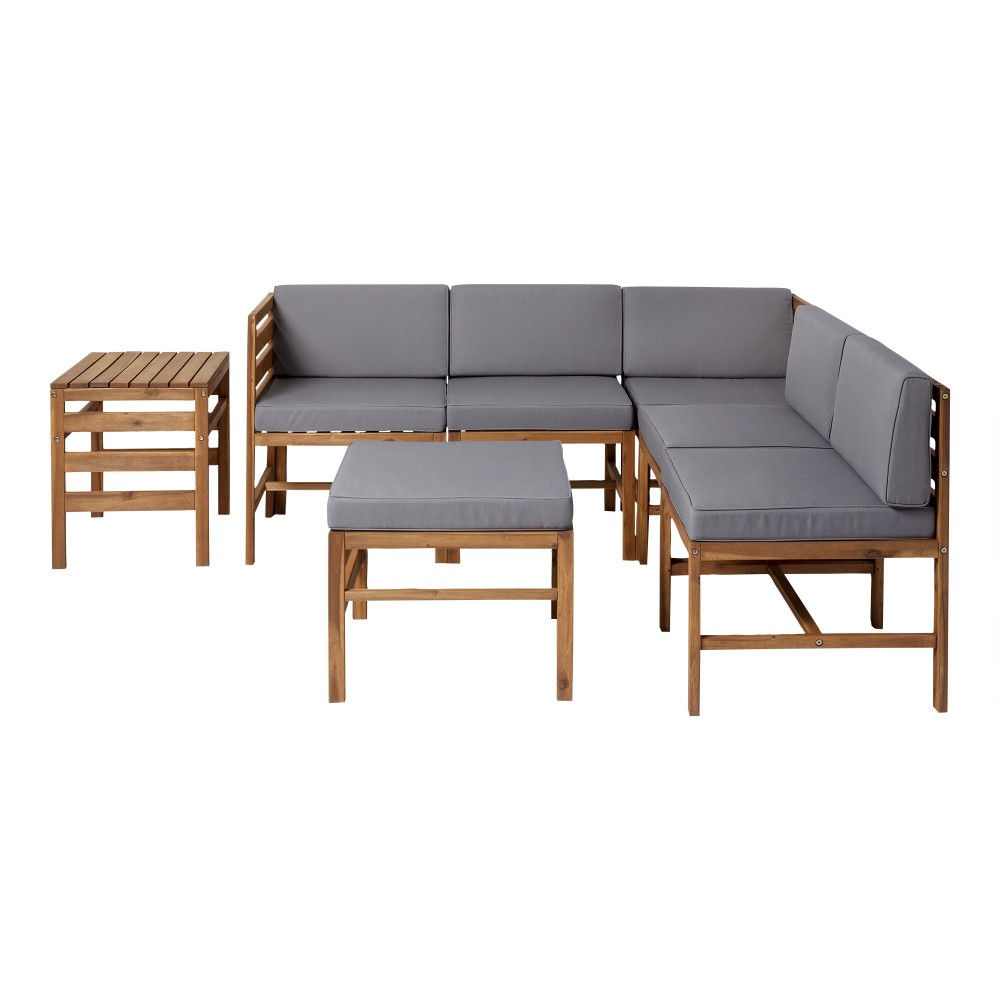 7-Piece Modular Acacia - 5 seat, Ottoman, and Side Table - Brown