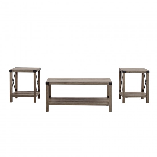 3-Piece Rustic Wood and Metal Accent Table Set - Grey Wash
