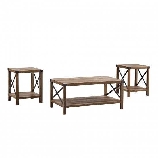 3-Piece Rustic Wood and Metal Accent Table Set - Rustic Oak