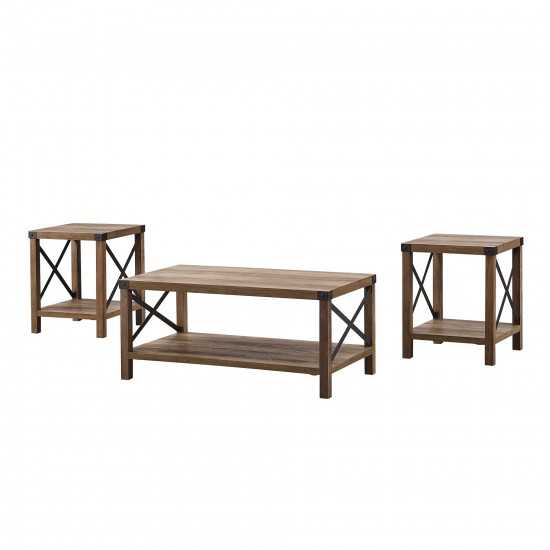 3-Piece Rustic Wood and Metal Accent Table Set - Rustic Oak