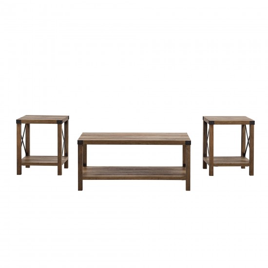 3-Piece Rustic Wood and Metal Accent Table Set - Rustic Oak