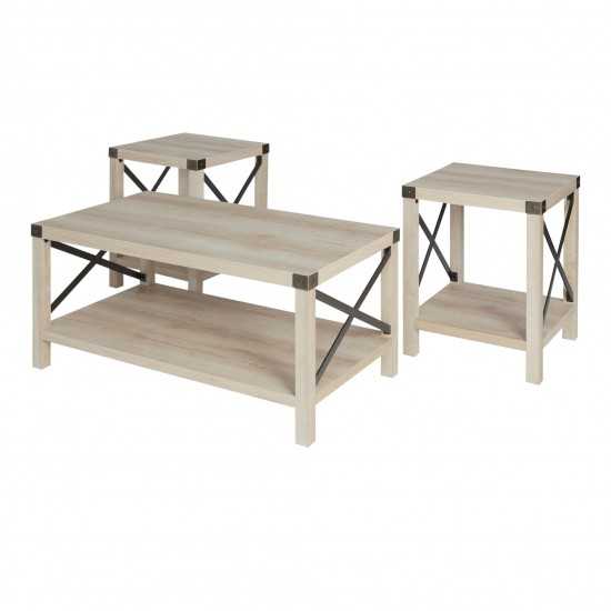 3-Piece Rustic Wood and Metal Accent Table Set - White Oak