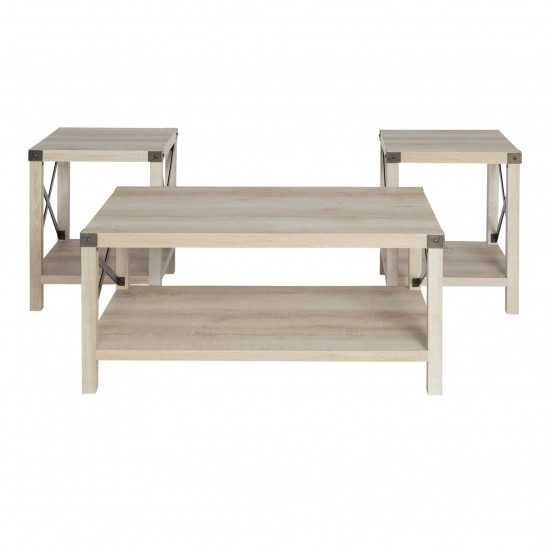 3-Piece Rustic Wood and Metal Accent Table Set - White Oak