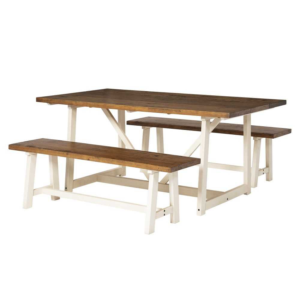 Brennan Solid Wood 3 Piece Trestle Dining Group - Rustic Oak/White Wash