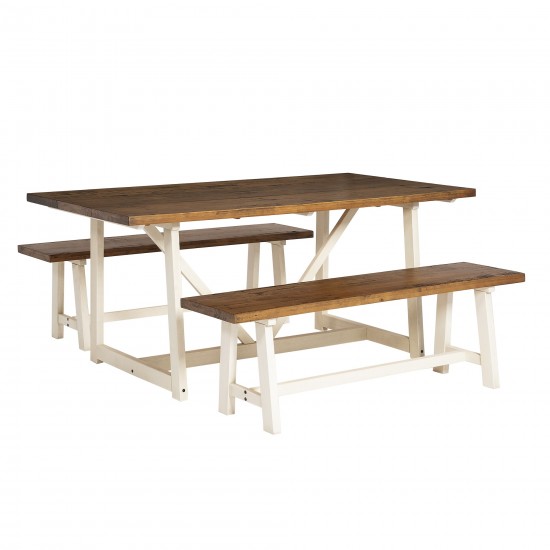 Brennan Solid Wood 3 Piece Trestle Dining Group - Rustic Oak/White Wash