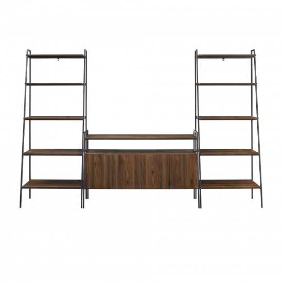 3 Piece Metal and Wood TV Console and Ladder Shelves - Dark Walnut