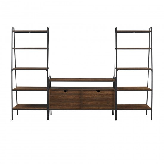 3 Piece Metal and Wood TV Console and Ladder Shelves - Dark Walnut