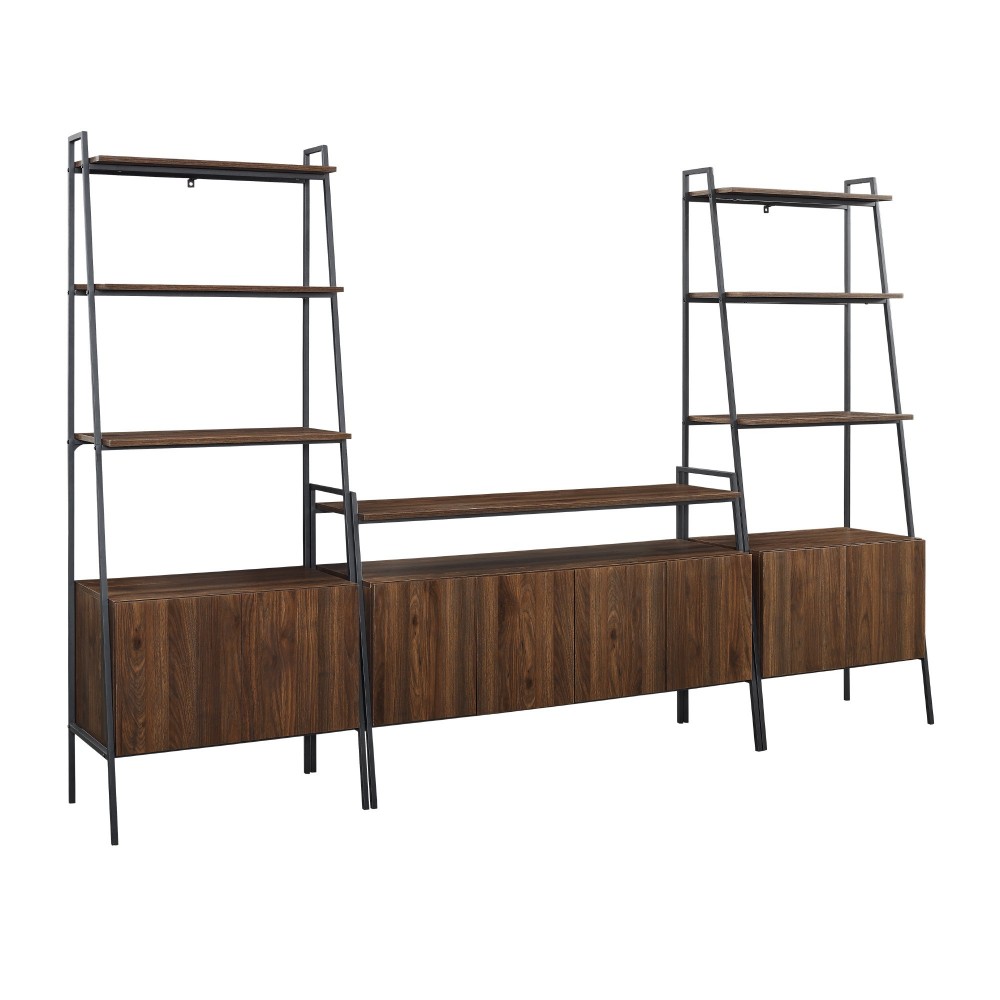 3 Piece Metal and Wood TV Console and Storage Shelves - Dark Walnut