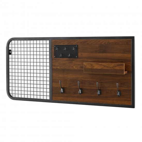 Lia 42" Metal and Wood Wall Organizer with Hooks - Dark Walnut