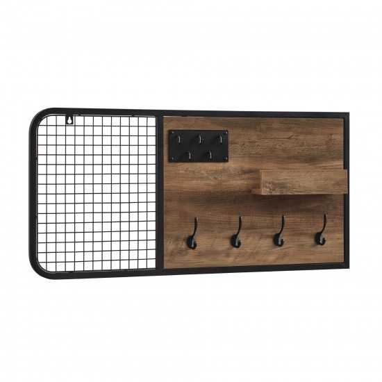 Lia 42" Metal and Wood Wall Organizer with Hooks - Rustic Oak