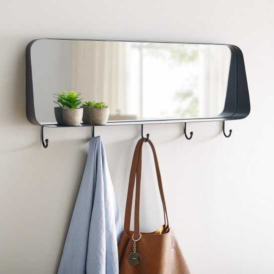 30" Rectangle Rounded Corner Mirror with Hooks - Black