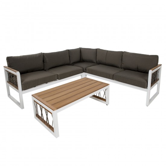 Teak Wood and Metal Outdoor Patio Sectional with Cord Accents -White, teak wood
