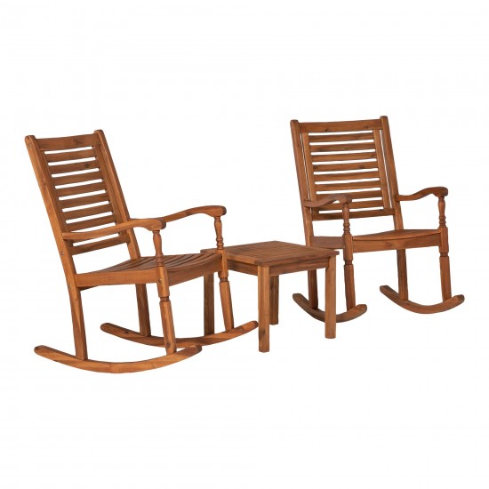 3-Piece Rocking Chair Outdoor Chat Set with Slatted Square Side Table - Brown