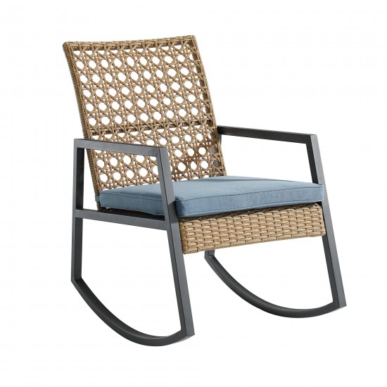 Liza Modern Patio Cane Weave Rattan Rocking Chair - Light Brown/Blue