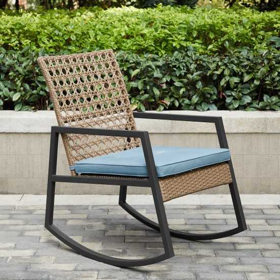 Liza Modern Patio Cane Weave Rattan Rocking Chair - Light Brown/Blue