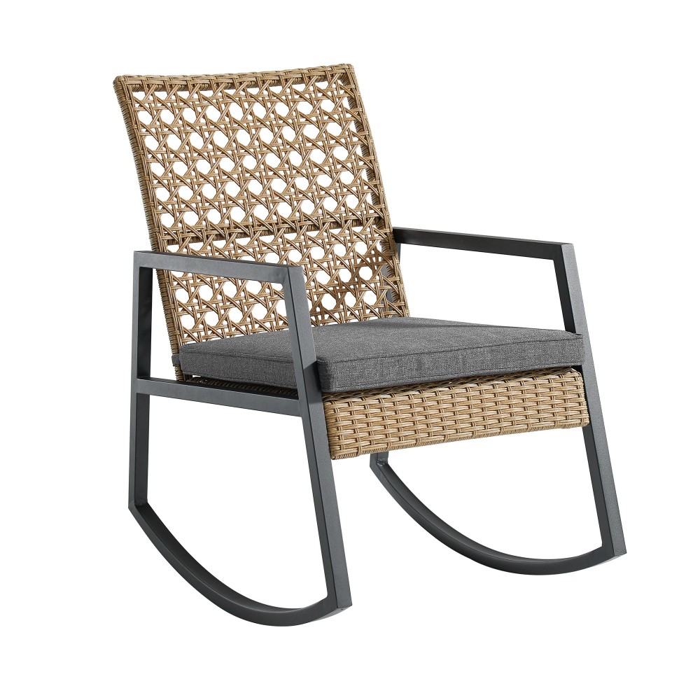 Liza Modern Patio Cane Weave Rattan Rocking Chair - Light Brown/Grey