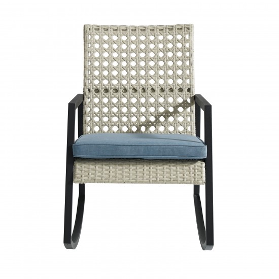 Liza Modern Patio Cane Weave Rattan Rocking Chair - Light Grey/Blue