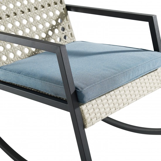 Liza Modern Patio Cane Weave Rattan Rocking Chair - Light Grey/Blue