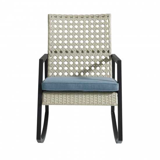 Liza Modern Patio Cane Weave Rattan Rocking Chair - Light Grey/Blue