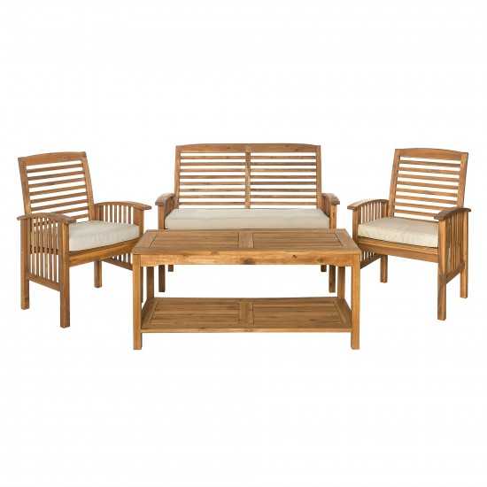 4-Piece Acacia Wood Outdoor Patio Conversation Set with Cushions - Brown