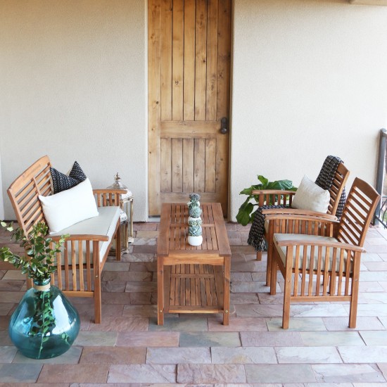 4-Piece Acacia Wood Outdoor Patio Conversation Set with Cushions - Brown