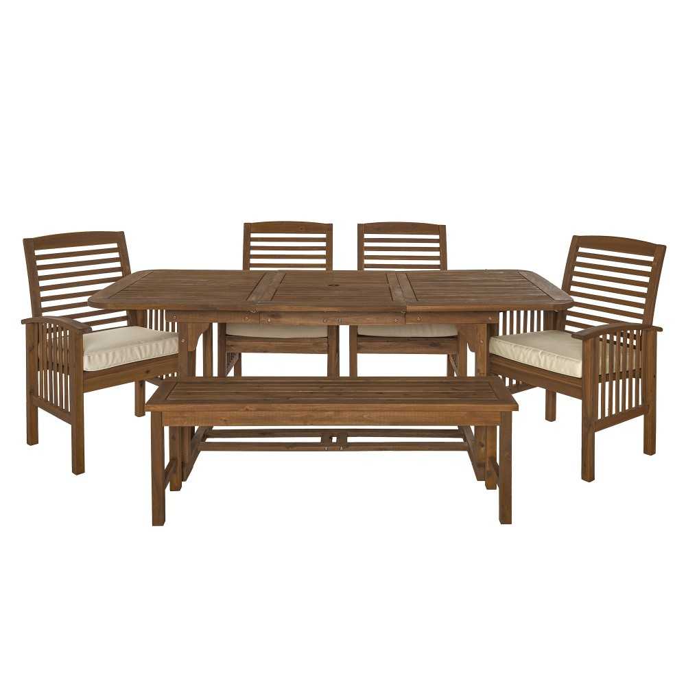 6-Piece Acacia Wood Outdoor Patio Dining Set with Cushions - Dark Brown