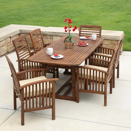 7-Piece Acacia Wood Outdoor Patio Dining Set with Cushions - Dark Brown