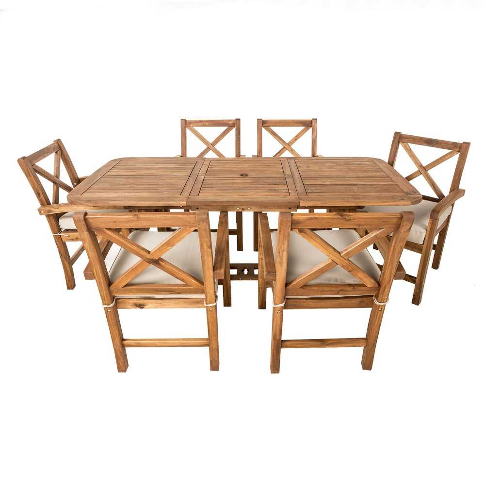 7-Piece X Back Acacia Outdoor Patio Dining Set with Cushions - Brown