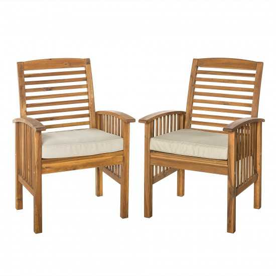 Acacia Wood Outdoor Patio Chairs with Cushions, Set of 2 - Brown