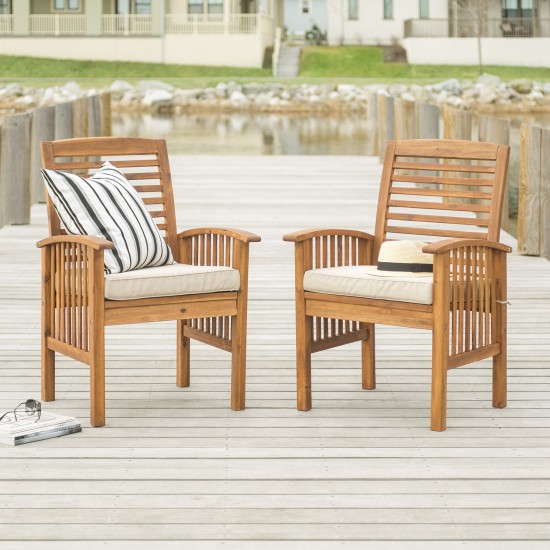 Acacia Wood Outdoor Patio Chairs with Cushions, Set of 2 - Brown
