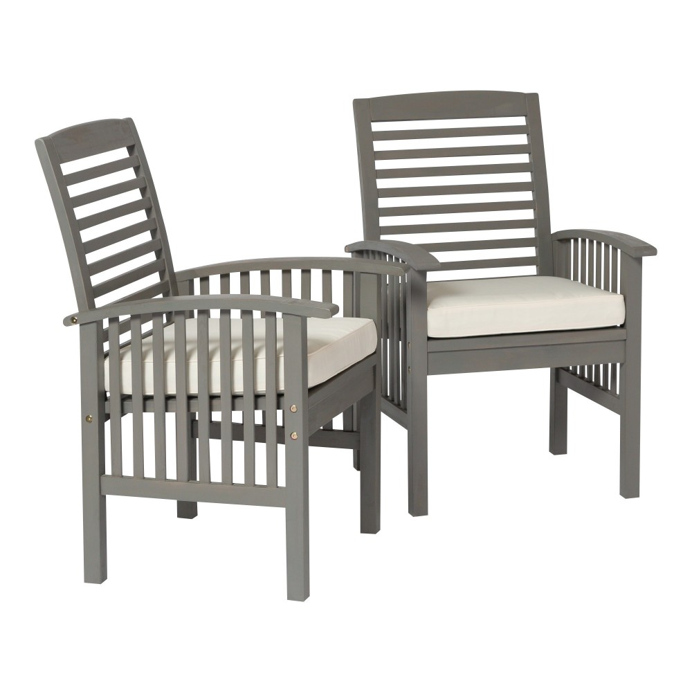 Acacia Wood Outdoor Patio Chairs with Cushions, Set of 2 - Grey Wash