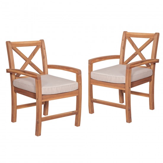 Acacia Wood X Back Outdoor Patio Chairs with Cushions, Set of 2