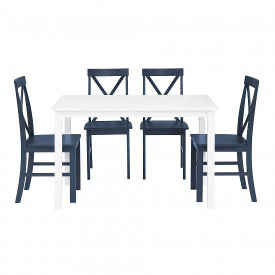 5-Piece Solid Wood Farmhouse Dining Set - White/Navy