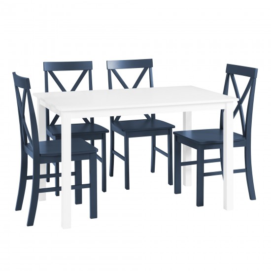 5-Piece Solid Wood Farmhouse Dining Set - White/Navy