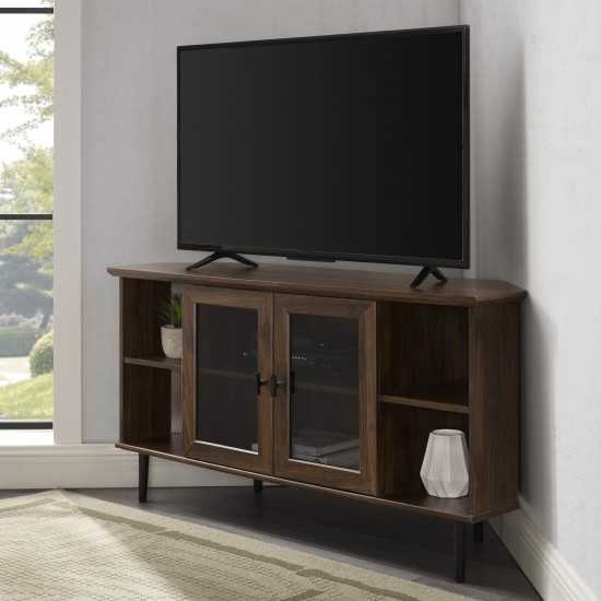 48" Simple Glass Door Corner TV Console - Dark Walnut