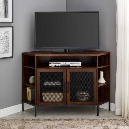 Maverick 48" Industrial Mesh Door Corner TV Stand - Dark Walnut