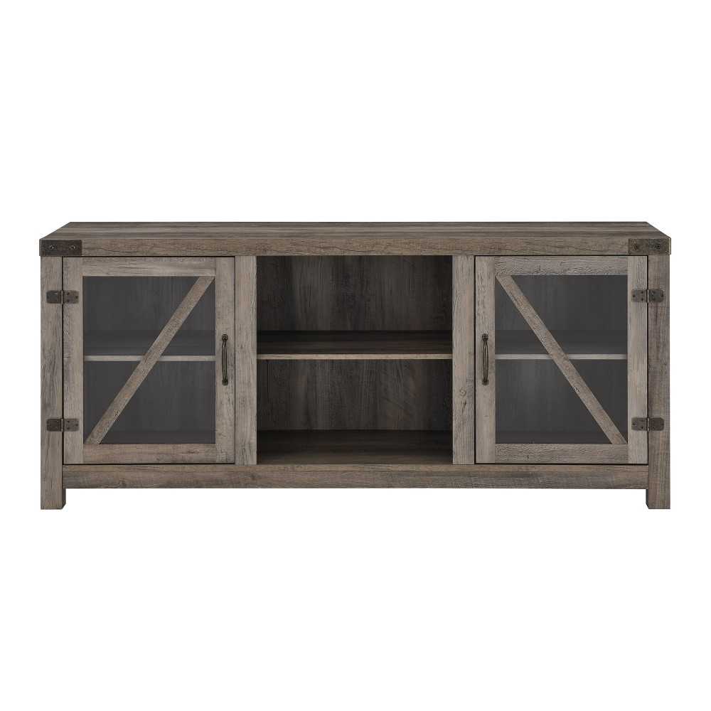 58" Glass Barn Door Farmhouse TV Stand Console - Grey Wash