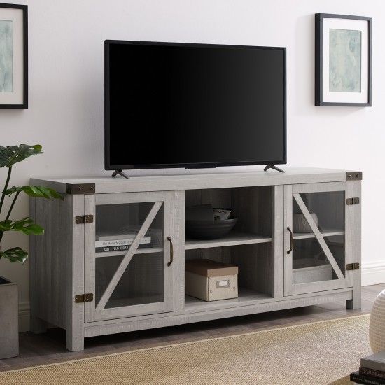 58" Glass Barn Door Farmhouse TV Stand Console - Stone Grey