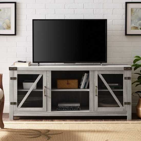 58" Glass Barn Door Farmhouse TV Stand Console - Stone Grey