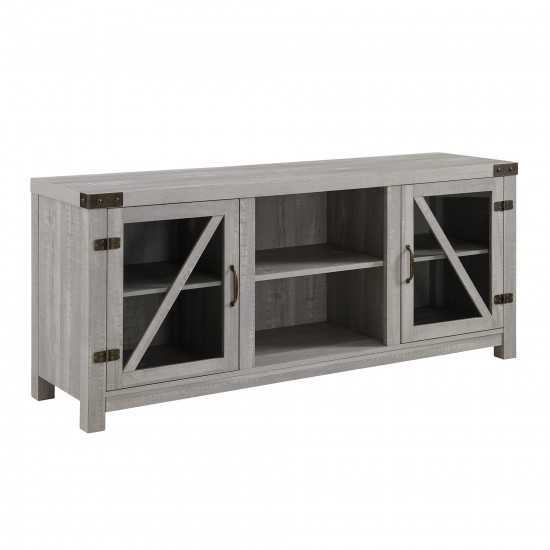 58" Glass Barn Door Farmhouse TV Stand Console - Stone Grey