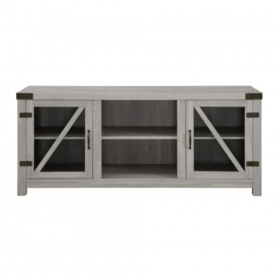 58" Glass Barn Door Farmhouse TV Stand Console - Stone Grey