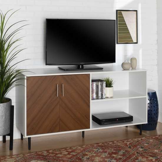 Hampton 58" Mid Century Modern Bookmatch Asymmetrical TV Stand - Solid White