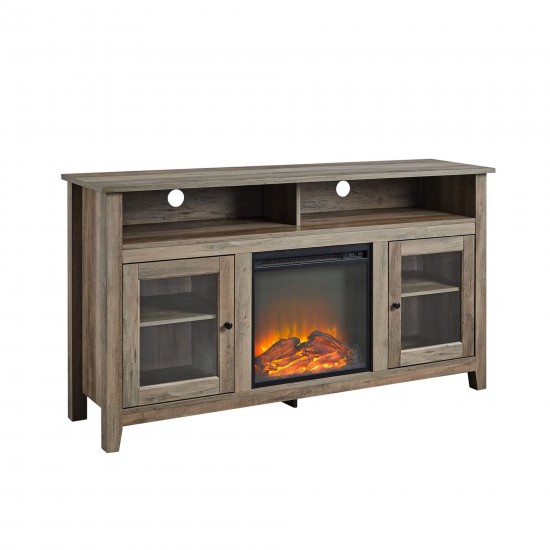 Wasatch 58" Transitional Fireplace Glass Wood TV Stand - Grey Wash