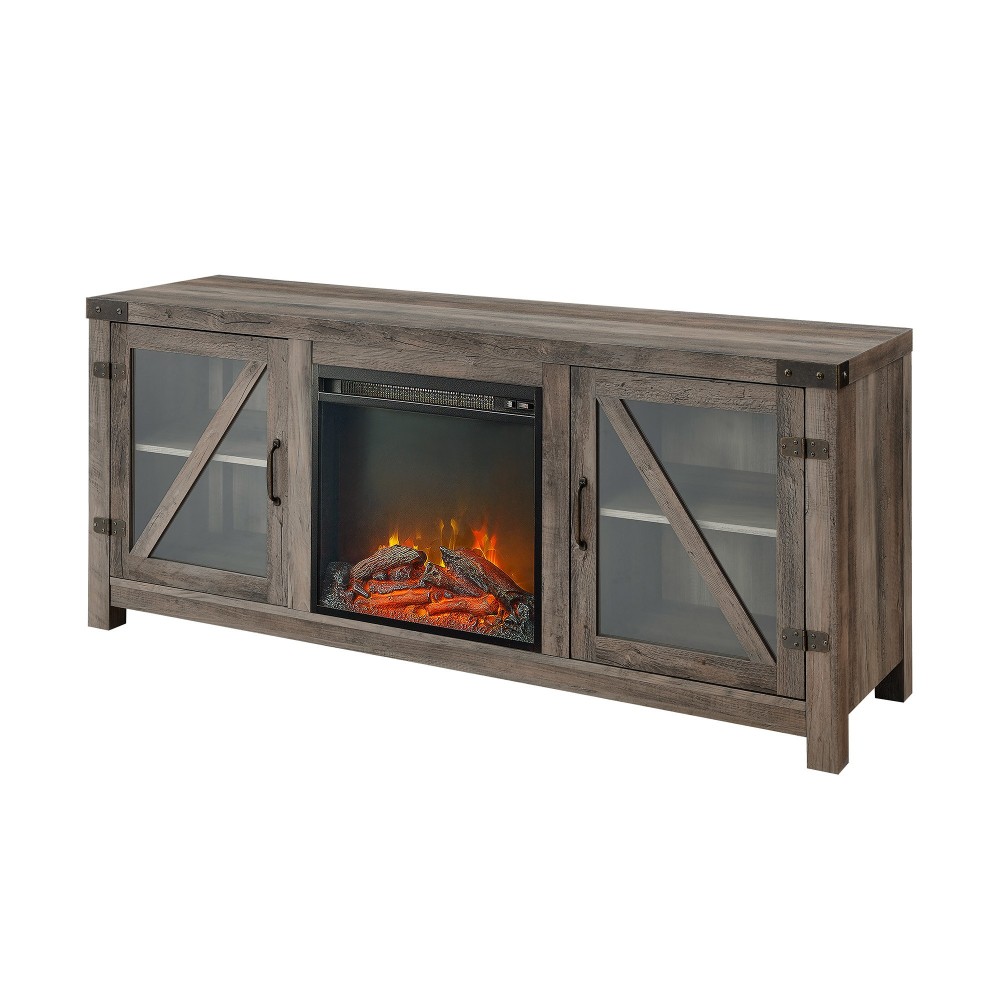 58" Glass Barn Door Fireplace Console - Grey Wash