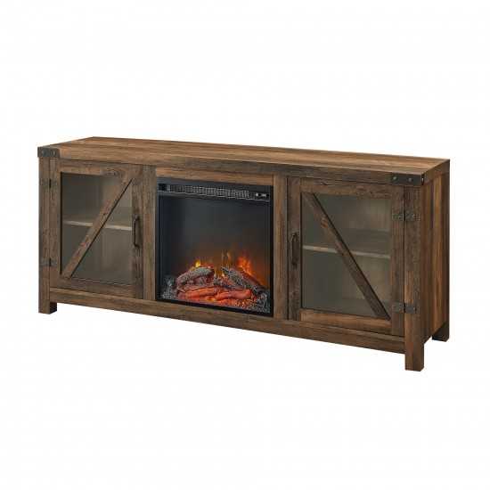 58" Glass Barn Door Fireplace Console - Rustic Oak